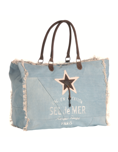 Sac XL toile ciel "Sel de Mer"anses & étoile cuir,frangé,zip (52x42x24)