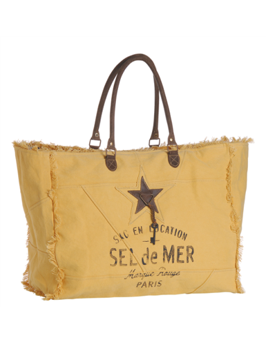 Sac XL toile safran "Sel de Mer"anses & étoile cuir,frangé,zip (52x42x24)