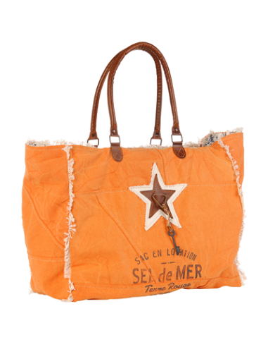 Sac XL toile orange "Sel de Mer"anses cuir,franges,zip 52x42cm