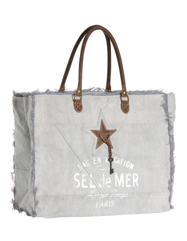 Sac XL toile gris "Sel de Mer"anses & étoile cuir,frangé,zip (52x42x24)