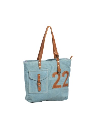 Sac M jean "22", écriture et anses réglables cuir,poche,zip, coton 44x33