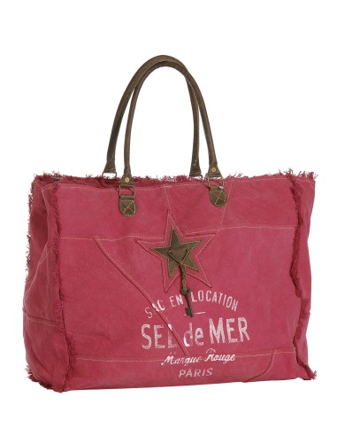 Sac XL toile fuschia "Sel de Mer"anses rayées,frangé,zip 52x42cm