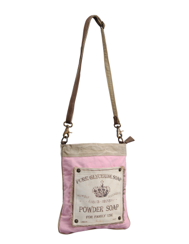 Besace "Powdersoap" Rose/Nat, 1 grande poche, bandoulière cuir, zip (27x32)