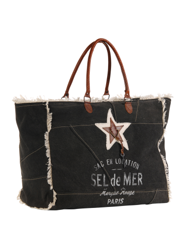 Sac XL toile noir "Sel de Mer"anses cuir,franges,zip 52x42cm