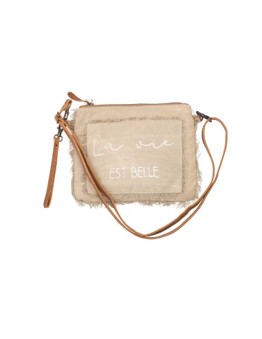 Grande pochette beige,patch "LVB",bords frangés,anse longue cuir,zip,coton 26x20