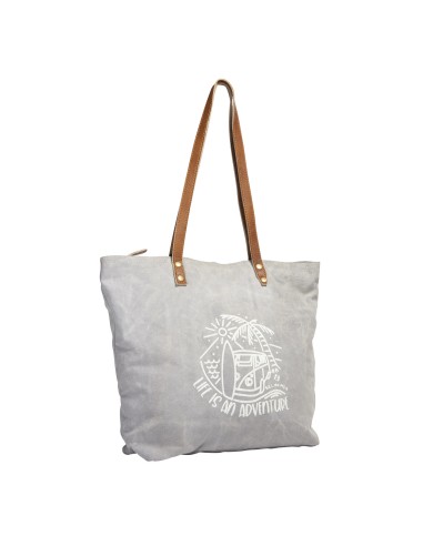 Sac M gris "Life is",anses plates cuires,zip, coton 45x36