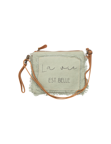 Grande pochette acqua,patch "LVB",bords frangés,anse longue cuir,zip,coton 26x20