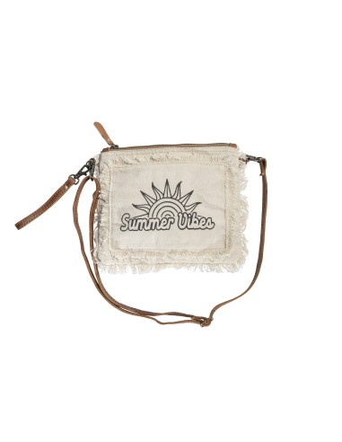 Grande pochette beige,patch "Summer Vibes",bords frangés,anse longue cuir zip