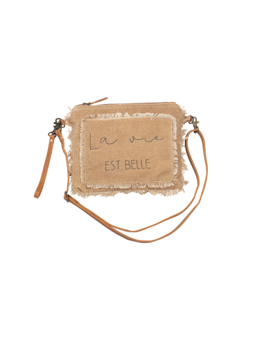 Grande pochette taupe,patch "LVB",bords frangés,anse longue cuir,zip,coton 26x20