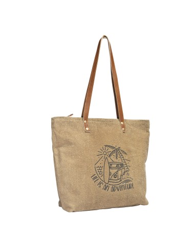 Sac M tabac "Life is",anses plates cuires,zip, coton 45x36