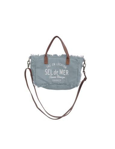 Sac XS jean "Sel de mer" franges,bandoulière x anses cuirs,zip 20x13cm