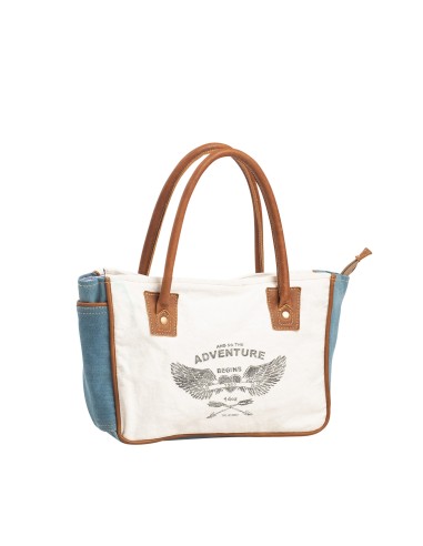 Sac S blanc "Adventure",cotés jean,bords cuir,anses cuir,zip (33x23x10)