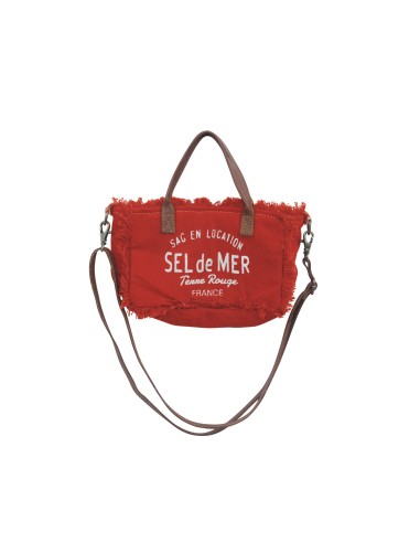 Sac XS rouge pimenté "Sel de mer"franges,bandoulière x anses cuirs,zip 20x13cm