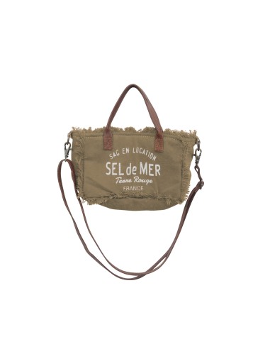 Sac XS tabac "Sel de Mer" franges,bandoulière x anses cuirs,zip 20x13cm