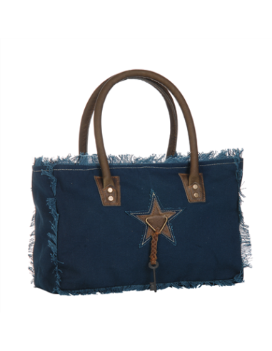 Sac S bleu marine,bords frangés,anses cuir,zip 33x23x10