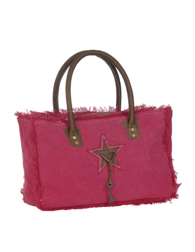 Sac S fushia "Sel de Mer" bords frangés,anses cuir,zip (33x23x10)