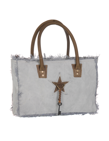 Sac S gris,bords frangés,anses cuir,zip 33x23x10