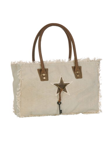 Sac S beige,bords frangés,anses cuir,zip 33x23x10