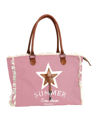 Sac "Summer" rose, bords frangés, étoile et clef, anses cuir, zip(39x30x15)