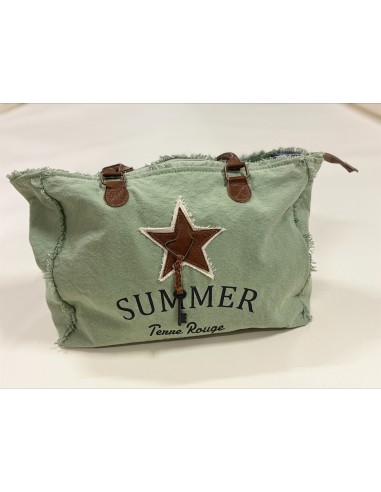 Sac "Summer" aqua, bords frangés, étoile et clef, anses cuir, zip(39x30x15)