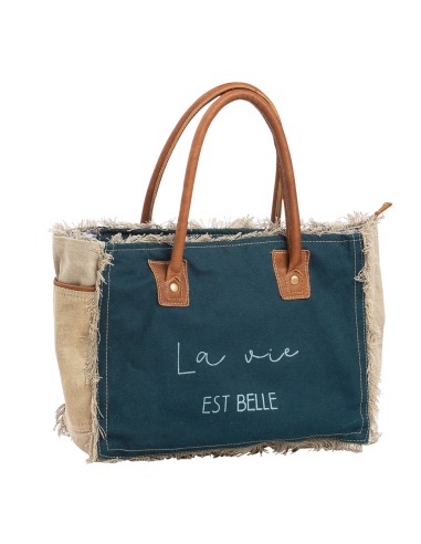 Sac M navy "La vie est belle",cotés naturel, bords cuir,anses cuir,zip 39X30X15