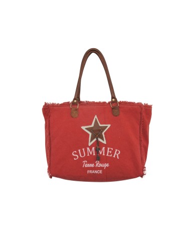 Sac M "SUMMER" rouge pimenté, bords frangés, déco étoile et clef, anses cuir,zip