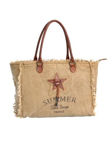 Sac M tabac "Summer" bords frangés,étoile et clef,anses cuir,zip (39x30x15)