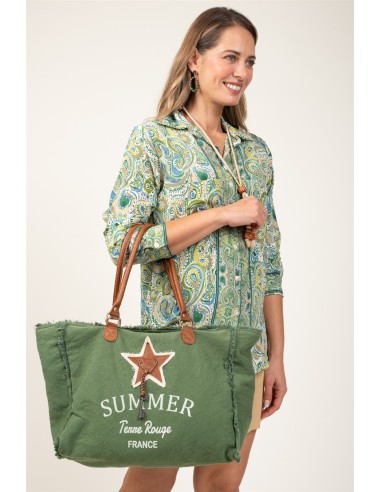 Sac M "SUMMER" vert cactus, bords frangés, déco étoile et clef, anses cuir,zip