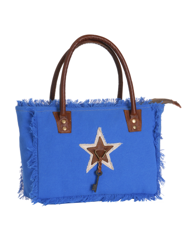 Sac S Bleu roi, bord frangé, anses cuir, zip 33x23x10