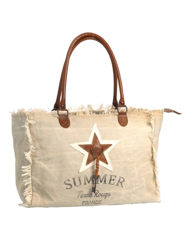 Sac "Summer" Beige, bords frangés, décoétoile et clef, anses cuir,zip (39x30x15)