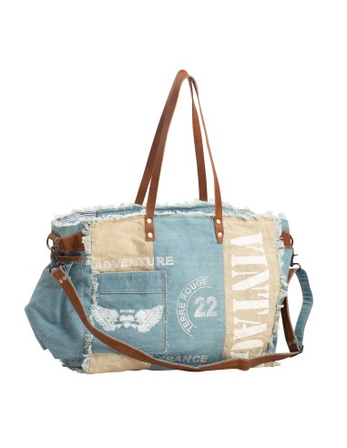 Sac "Vintage" jean/ beige, poche coté, grande anse et anses cuir, zip, 42x33