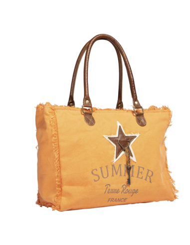 Sac orange "Summer" bords frangés,étoile et clef,anses cuir,zip (39x30x15)