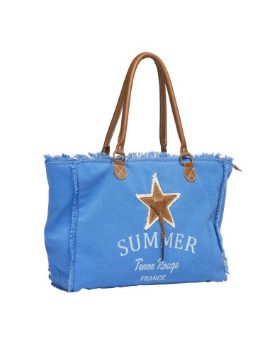 Sac M bleu roi "Summer" anses cuir,franges,zip 39x30cm