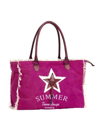 Sac fuschia "Summer" bords frangés,étoile et clef,anses cuir,zip (39x30x15)