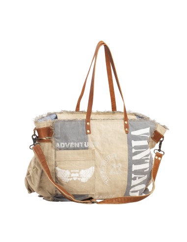 Sac "Vintage" gris/ beige, poche coté, grande anse et anses cuir, zip, 42x33