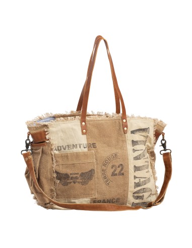 Sac "Vintage" taupe/ beige, poche coté, grande anse et anses cuir, zip, 42x33