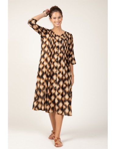 Robe longue "IKAT Flou Noir" bout,col V,plis av,2 poches,bemberg cot