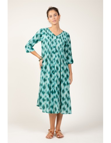 Robe longue "IKAT Flou Vert Empereur" bout,col V,plis av,2 poches,bemberg cot