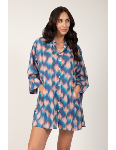 Chemise ample "IKAT Flou Bleu Océan"boutons avant/fx arrière,bs droite,cot