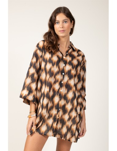 Chemise ample "IKAT Flou Noir"boutons avant/fx arrière,bs droite,cot (SMLXL)