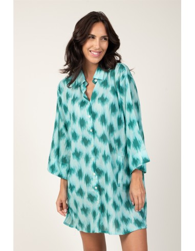 Chemise ample "IKAT Flou Vert Empereur"boutons avant/fx arrière,bs droite