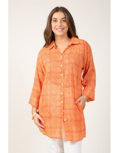 Chemise ample "Coquillages Orange Sunset"boutons avant/fx arrière,bs droite,cot