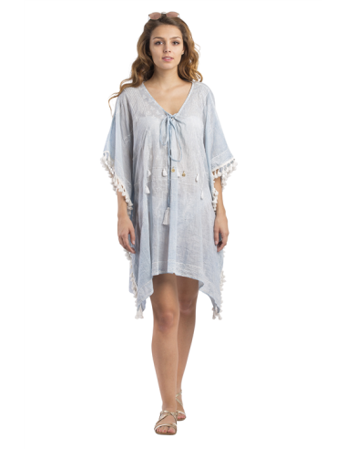 Kaftan bleu gris, franges, coton, TU