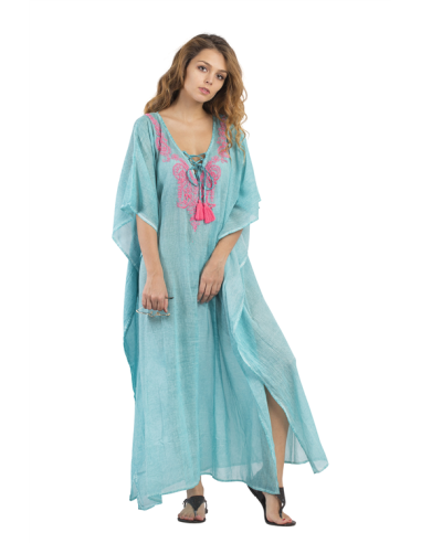 Kaftan turquoise  , broderie fuschia  col V  , liens  , coton, TU