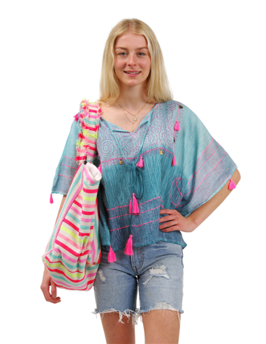 Kaftan court Turqu Tie&Dye,impr Fuschia,surpiqures Fluo,col  liens, pompons, TU