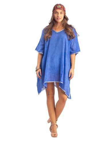 Kaftan court washed bleu royal, liseré argent, 100% coton, TU