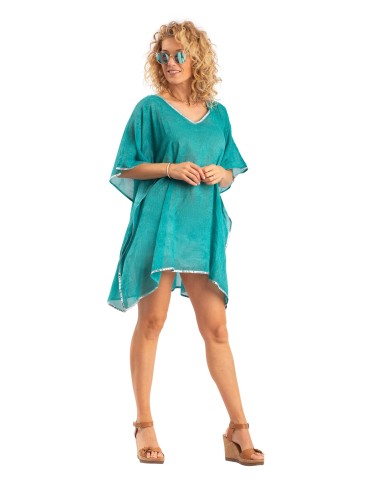 Kaftan court washed émeraude , liseré argent, 100% coton, TU