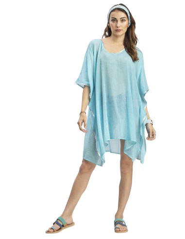 Kaftan court washed ciel, liseré argent, coton, TU