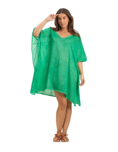 Kaftan court washed "Vert Guacamole", bords pompons, coton, TU