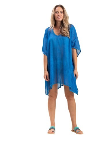 Kaftan court washed "Bleu Pacifique", bords pompons, coton, TU